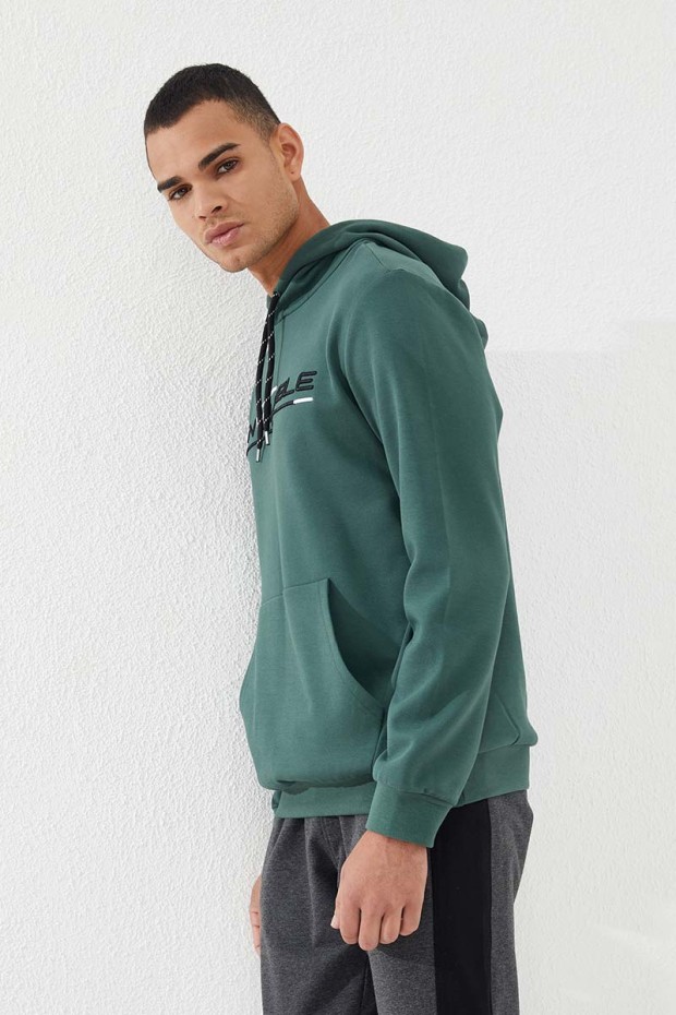 Invincible Embroidered Kangaroo Pocket Green Men's Sweatshirt - 7