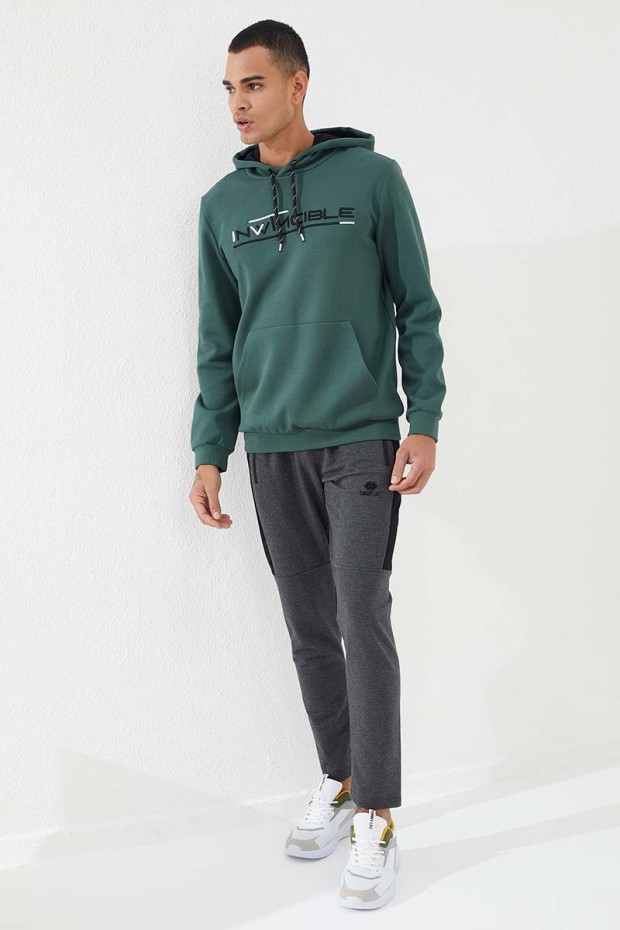Invincible Embroidered Kangaroo Pocket Green Men's Sweatshirt - 2