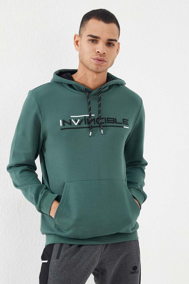 Invincible Embroidered Kangaroo Pocket Green Men's Sweatshirt - 4