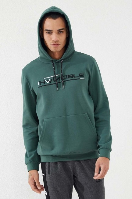 Invincible Embroidered Kangaroo Pocket Green Men's Sweatshirt - 8