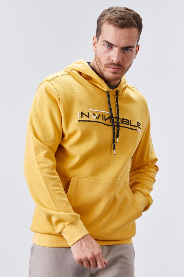 Invincible Embroidered Kangaroo Pocket Mustard Men's Sweatshirt - 1