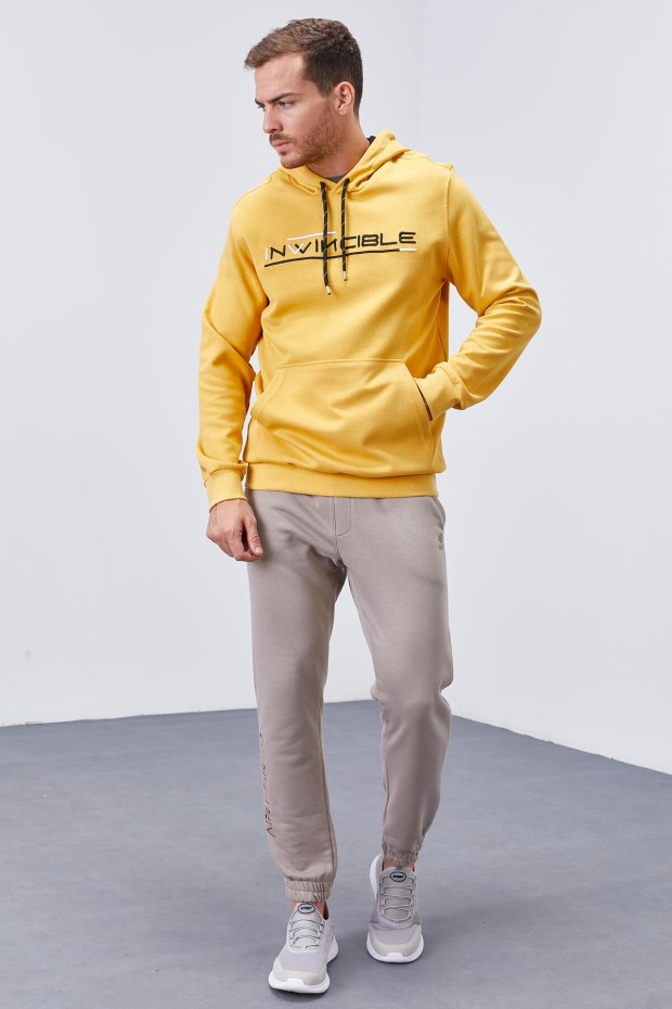 Invincible Embroidered Kangaroo Pocket Mustard Men's Sweatshirt - 2