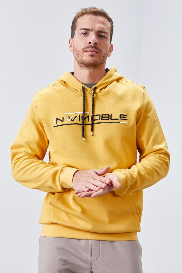 Invincible Embroidered Kangaroo Pocket Mustard Men's Sweatshirt - 3