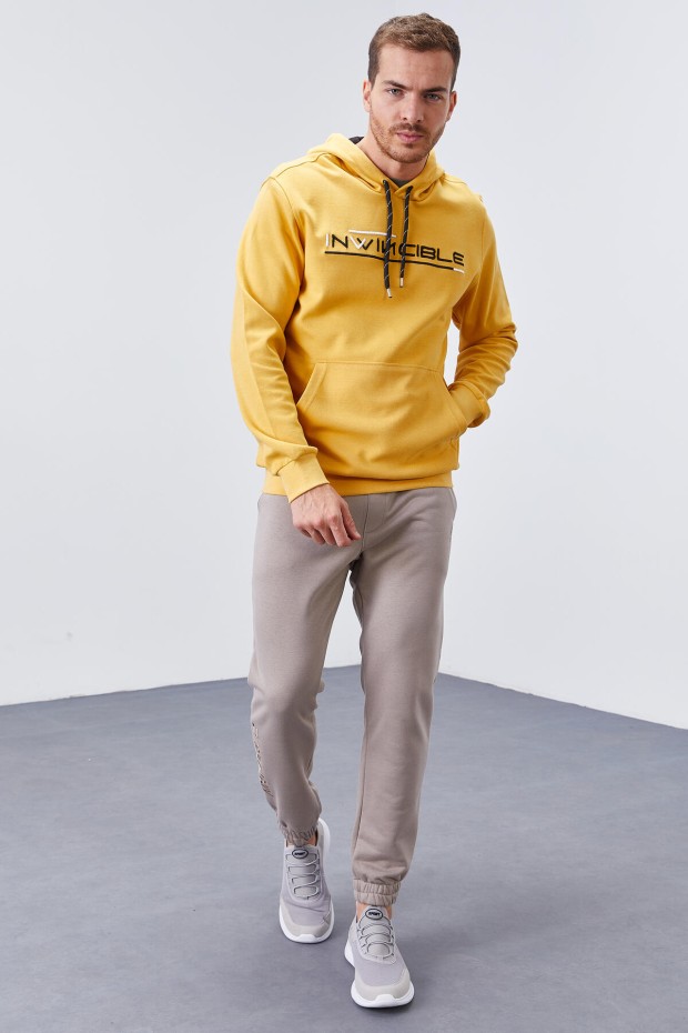 Invincible Embroidered Kangaroo Pocket Mustard Men's Sweatshirt - 4