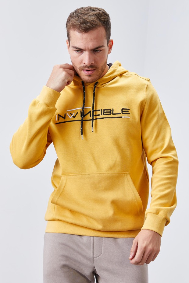 Invincible Embroidered Kangaroo Pocket Mustard Men's Sweatshirt - 5