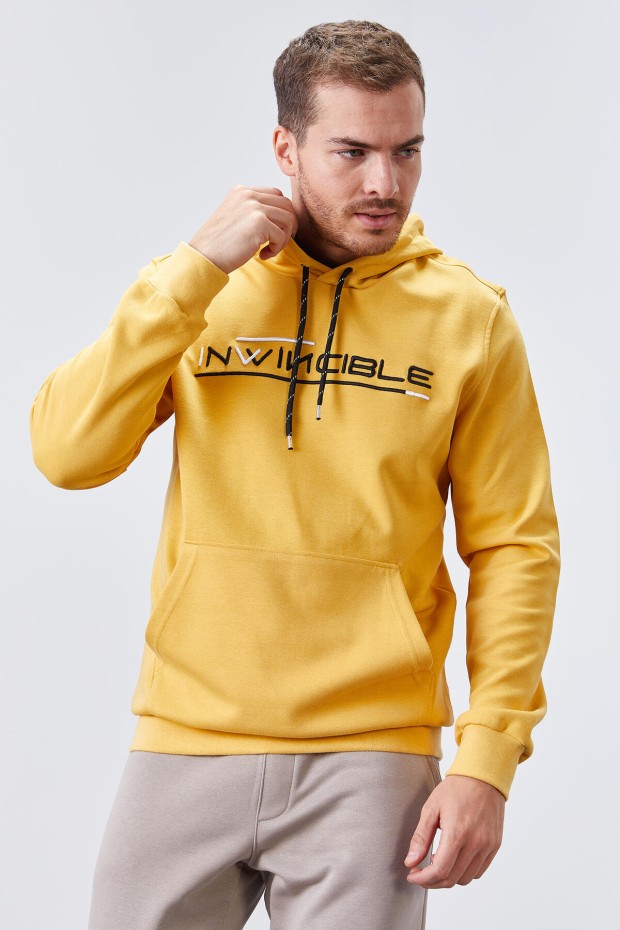 Invincible Embroidered Kangaroo Pocket Mustard Men's Sweatshirt - 6