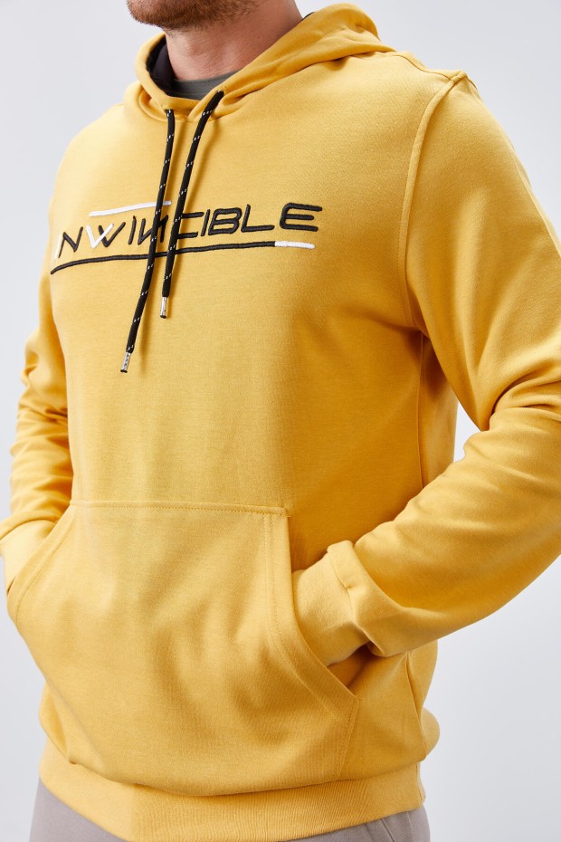 Invincible Embroidered Kangaroo Pocket Mustard Men's Sweatshirt - 8