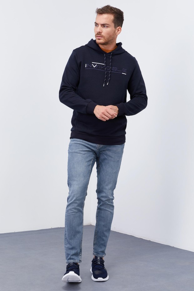 Invincible Embroidered Kangaroo Pocket Navy Blue Men's Sweatshirt - 2