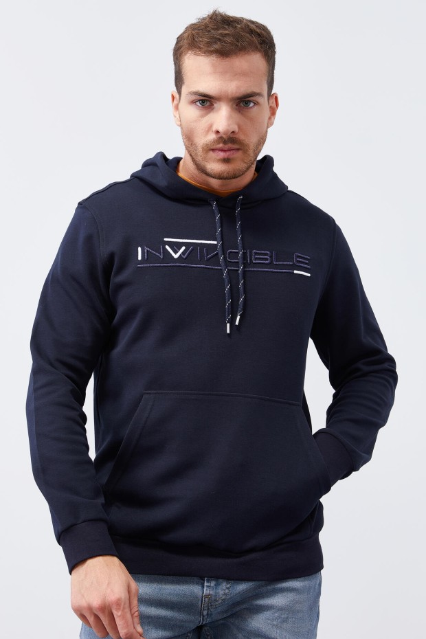 Invincible Embroidered Kangaroo Pocket Navy Blue Men's Sweatshirt - 3