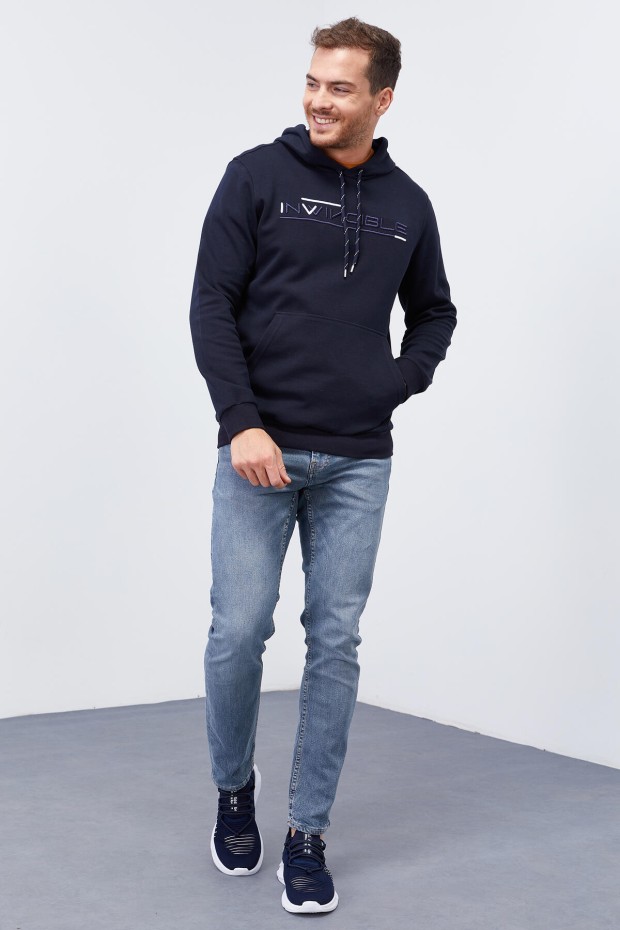 Invincible Embroidered Kangaroo Pocket Navy Blue Men's Sweatshirt - 4