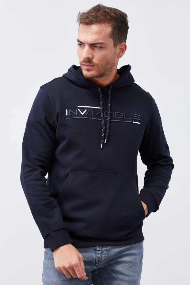 Invincible Embroidered Kangaroo Pocket Navy Blue Men's Sweatshirt - 5