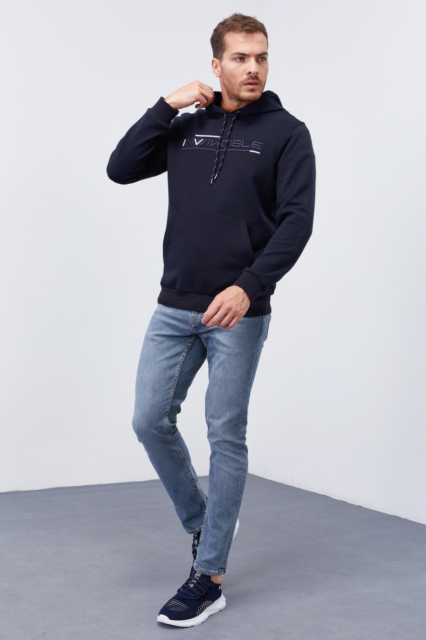 Invincible Embroidered Kangaroo Pocket Navy Blue Men's Sweatshirt - 6