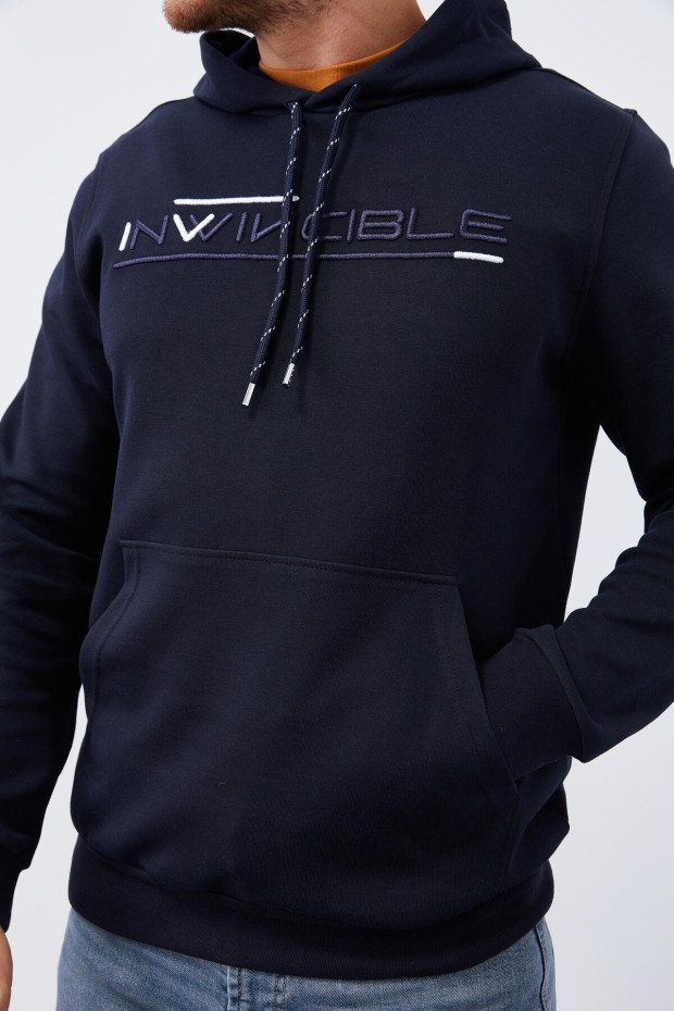Invincible Embroidered Kangaroo Pocket Navy Blue Men's Sweatshirt - 8