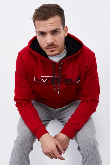 Invincible Embroidered Kangaroo Pocket Red Men's Sweatshirt 