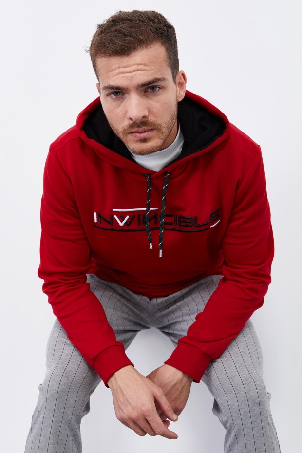 Invincible Embroidered Kangaroo Pocket Red Men's Sweatshirt - 1