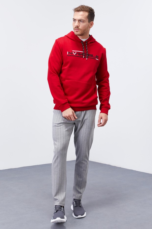 Invincible Embroidered Kangaroo Pocket Red Men's Sweatshirt - 2