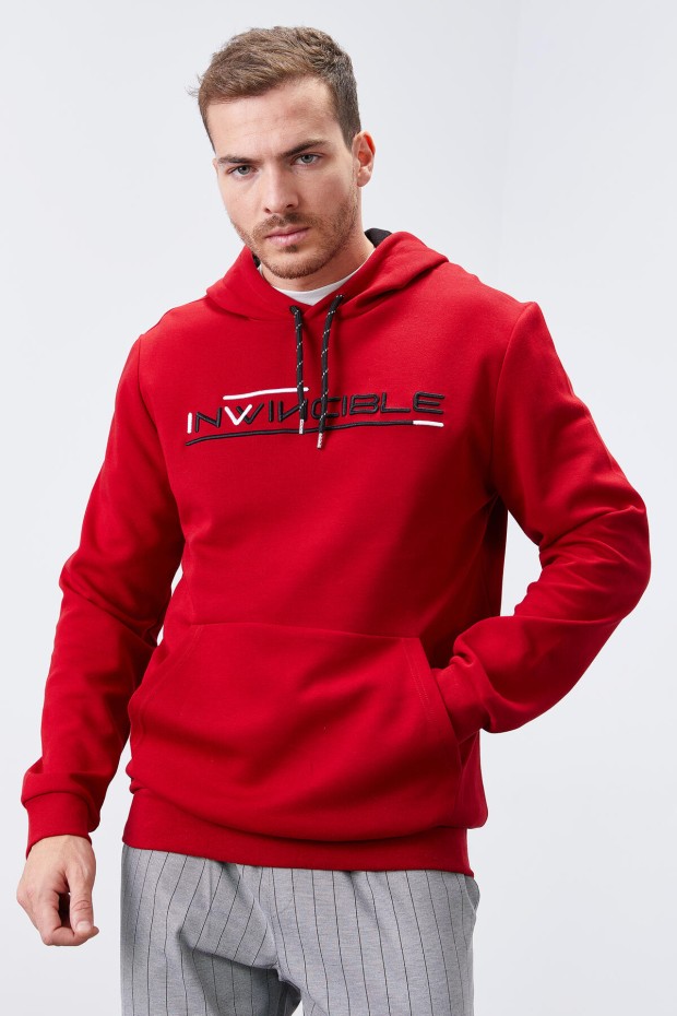 Invincible Embroidered Kangaroo Pocket Red Men's Sweatshirt - 3