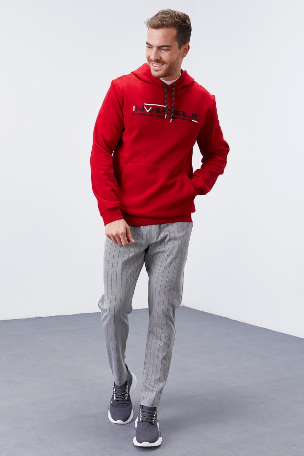 Invincible Embroidered Kangaroo Pocket Red Men's Sweatshirt - 4