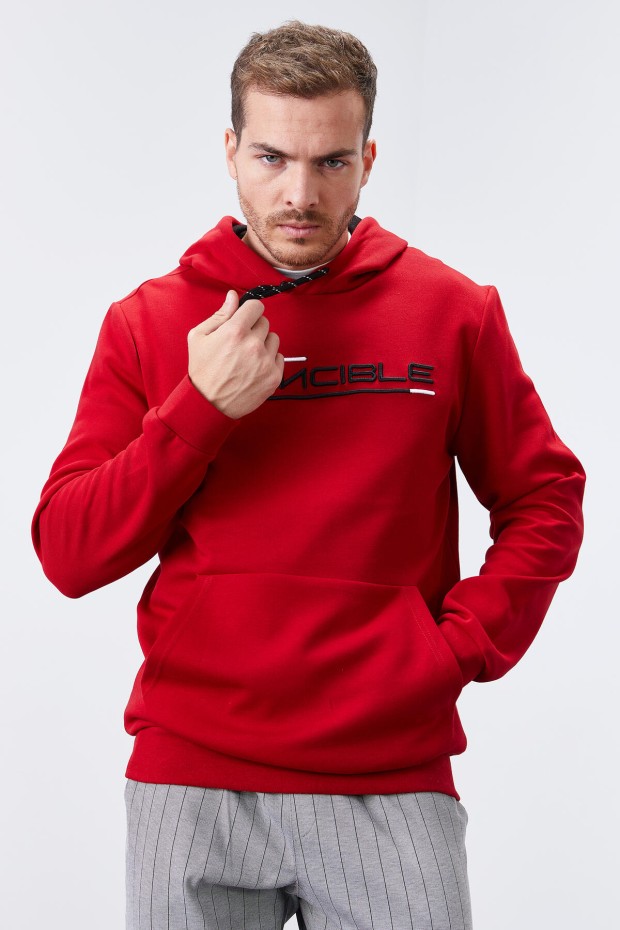 Invincible Embroidered Kangaroo Pocket Red Men's Sweatshirt - 5