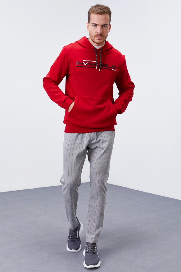 Invincible Embroidered Kangaroo Pocket Red Men's Sweatshirt - 6