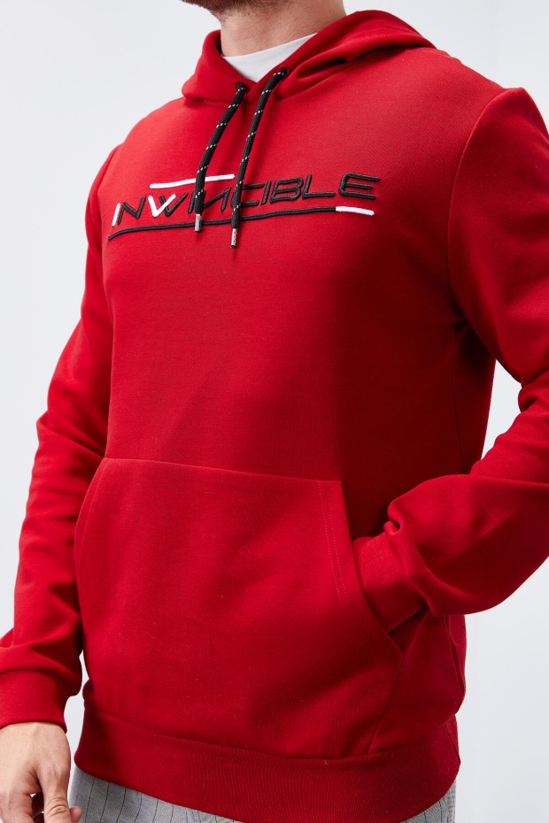 Invincible Embroidered Kangaroo Pocket Red Men's Sweatshirt - 8
