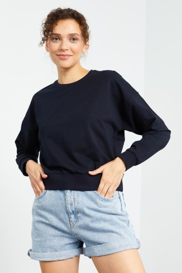 Tommy Life Basic Round Neck Navy Blue Women's Sweatshirt 