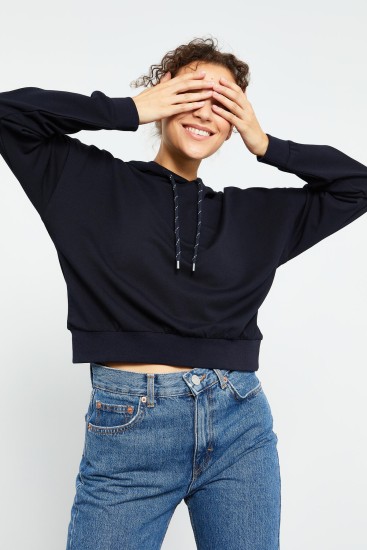 Tommy Life Basic Hooded Navy Blue Women's Sweatshirt 