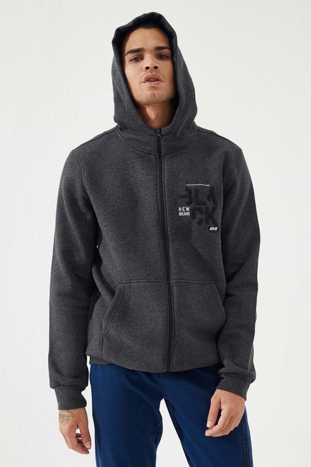 Tommy Life Antrasit Melanj Fermuarlı Kanguru Cep Standart Kalıp Kapüşonlu Erkek Sweatshirt - 87876. 8