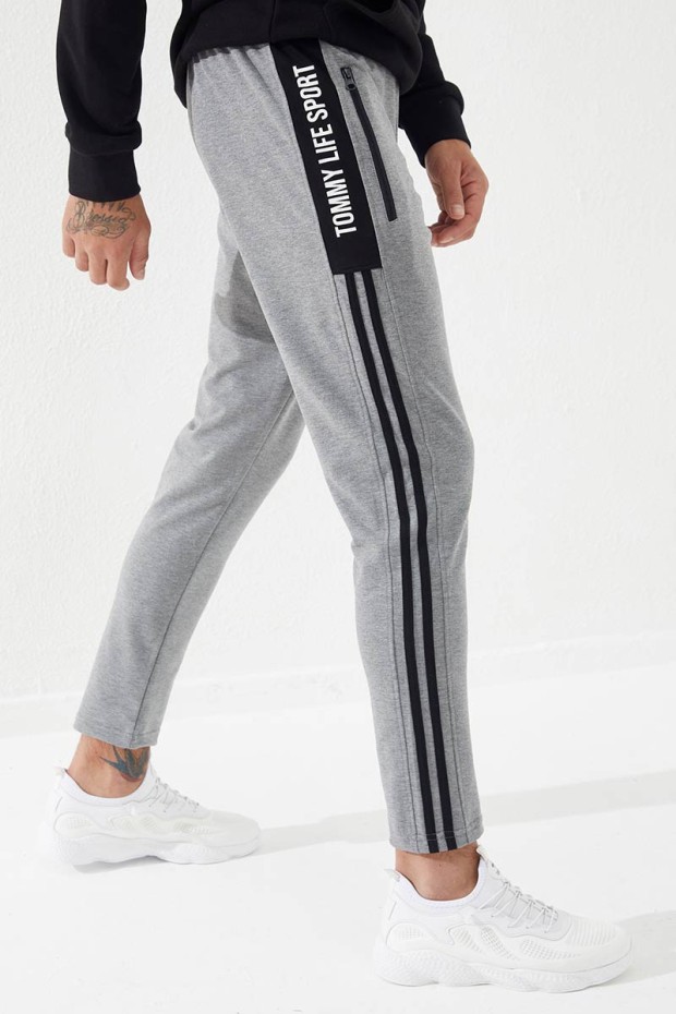 Tommy Life Gri Melanj Baskılı Çift Şeritli Slim Fit Jogger Erkek Eşofman Alt - 84780. 1