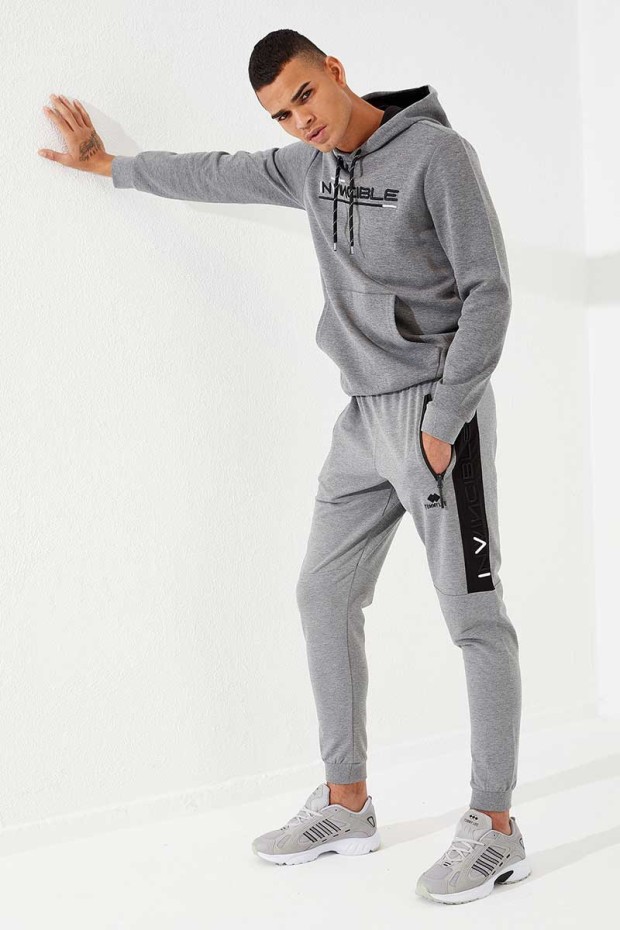 Tommy Life Gri Melanj Erkek Nakış Detaylı Dar Kalıp Jogger Eşofman Alt - 84792. 7