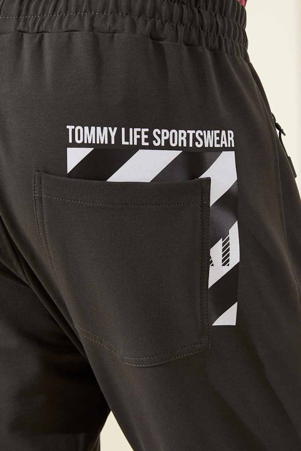 Tommy Life Haki Fermuar Cepli Baskı Detaylı Standart Kalıp Jogger Erkek Eşofman Alt - 84760. 3