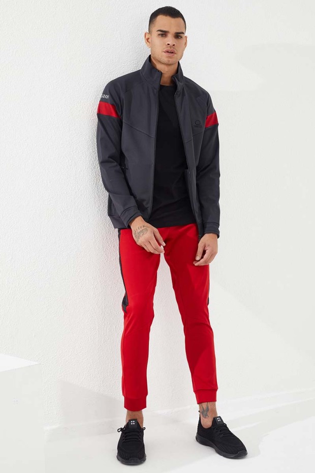 Tommy Life Kırmızı Cepli Desen Şeritli Dar Kalıp Jogger Erkek Eşofman Alt - 84788. 4