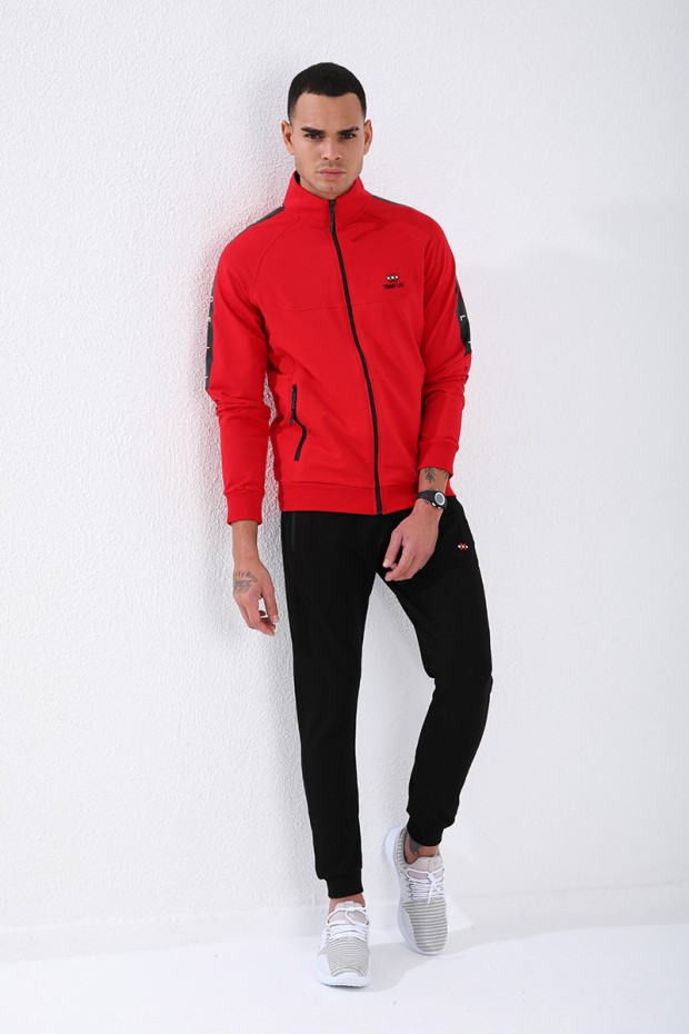 Tommy Life Kırmızı - Siyah Dik Yaka Şerit Baskılı Standart Kalıp Manşetli Erkek Eşofman Takımı - 85150. 3 Tommy Life Kırmızı - Siyah Dik Yaka Şerit Baskılı Standart Kalıp Manşetli Erkek Eşofman Takımı - 85150. 3