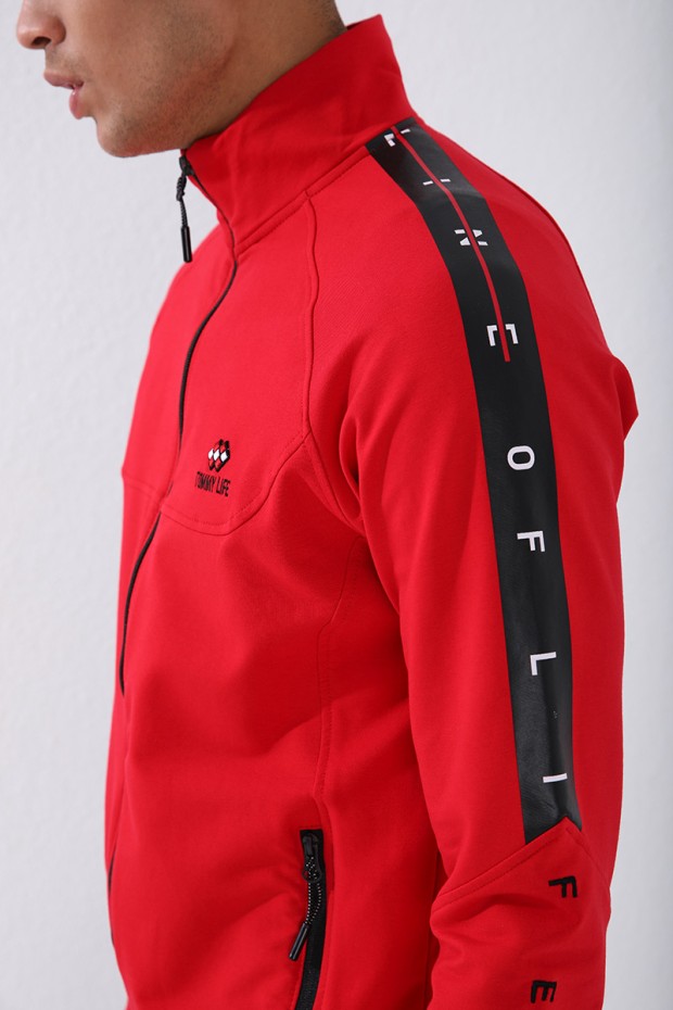 Tommy Life Kırmızı - Siyah Dik Yaka Şerit Baskılı Standart Kalıp Manşetli Erkek Eşofman Takımı - 85150. 1 Tommy Life Kırmızı - Siyah Dik Yaka Şerit Baskılı Standart Kalıp Manşetli Erkek Eşofman Takımı - 85150. 1