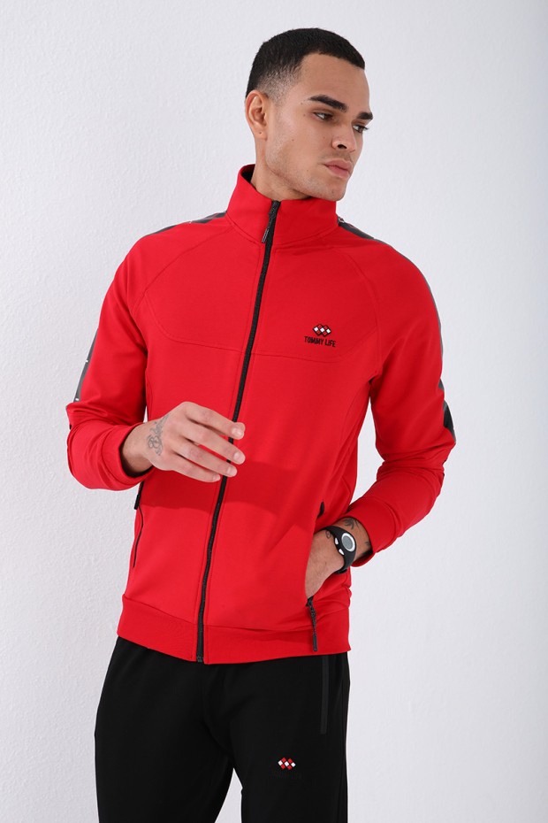 Tommy Life Kırmızı - Siyah Dik Yaka Şerit Baskılı Standart Kalıp Manşetli Erkek Eşofman Takımı - 85150. 10 Tommy Life Kırmızı - Siyah Dik Yaka Şerit Baskılı Standart Kalıp Manşetli Erkek Eşofman Takımı - 85150. 10