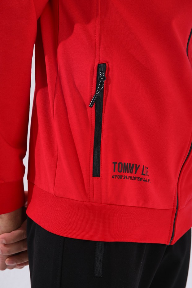 Tommy Life Kırmızı - Siyah Dik Yaka Yazı Baskılı Standart Kalıp Manşetli Erkek Eşofman Takımı - 85149. 1