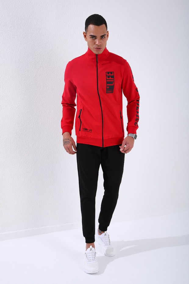 Tommy Life Kırmızı - Siyah Dik Yaka Yazı Baskılı Standart Kalıp Manşetli Erkek Eşofman Takımı - 85149. 13 Tommy Life Kırmızı - Siyah Dik Yaka Yazı Baskılı Standart Kalıp Manşetli Erkek Eşofman Takımı - 85149. 13