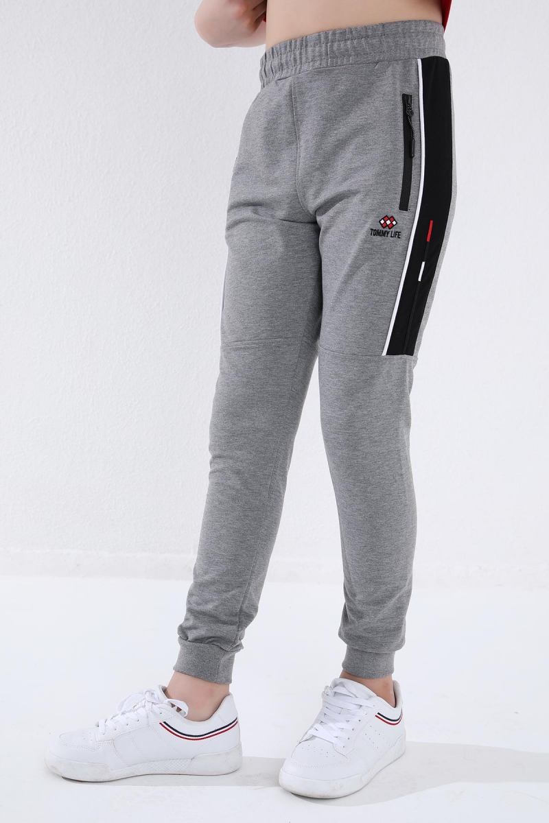 Tommy Life Gri Melanj Erkek Çocuk Jogger Yarım Şeritli Standart Kalıp Manşetli Eşofman Alt - 64047. 1