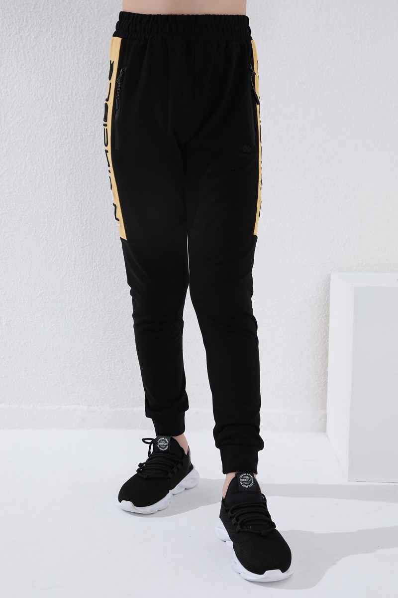 Tommy Life Siyah - Hardal Erkek Çocuk Yazı Nakışlı Yarım Şeritli Jogger Dar Kalıp Manşetli Eşofman Alt - 64050. 9 Tommy Life Siyah - Hardal Erkek Çocuk Yazı Nakışlı Yarım Şeritli Jogger Dar Kalıp Manşetli Eşofman Alt - 64050. 9