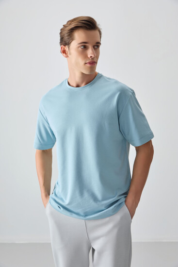 Açık Mavi Pamuklu Kalın Yumuşak Dokulu Oversize Fit Basic Erkek T-Shirt - 88377 