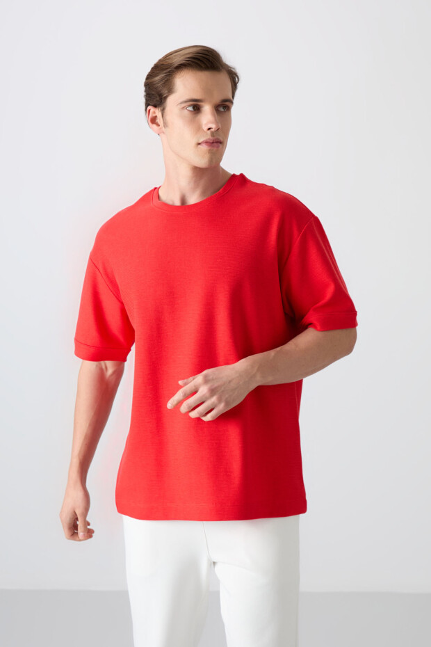 Fiesta Pamuklu Kalın Yüzeyi Dokulu Oversize Fit Basic Erkek T-Shirt - 88339 - 4