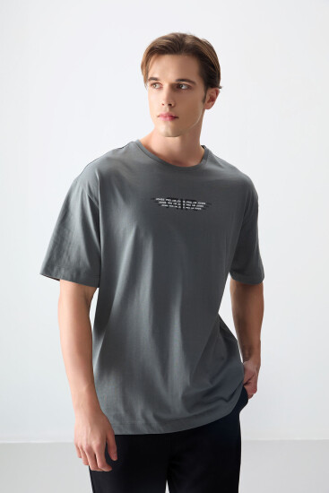 Haki %100 Pamuk Kalın Yumuşak Dokulu Oversize Fit Baskılı Erkek T-Shirt - 88356 