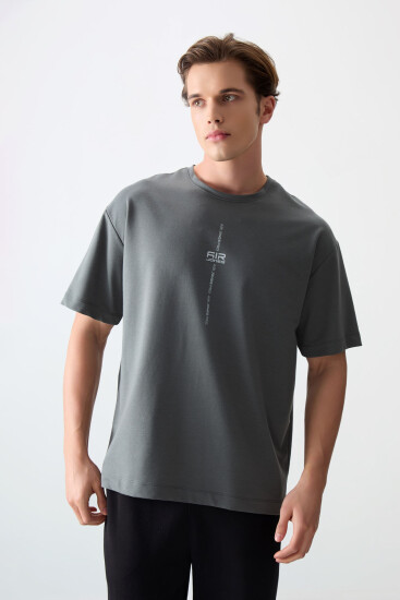 Haki Pamuklu Kalın Yumuşak Dokulu Oversize Fit Baskılı Erkek T-Shirt - 88373 