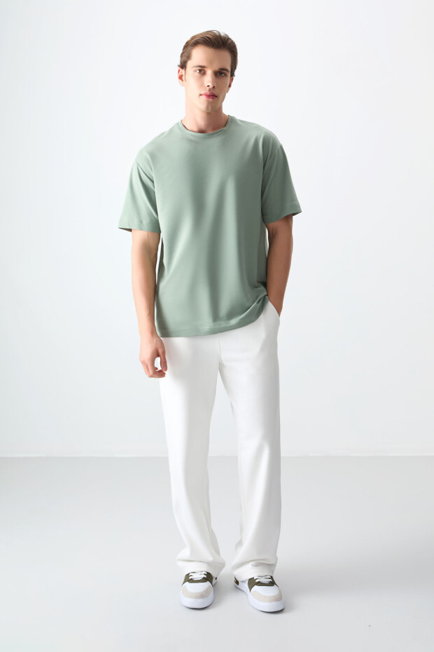 Açık Yeşil Pamuklu Kalın Yumuşak Dokulu Oversize Fit Basic Erkek T-Shirt - 88377 - 2
