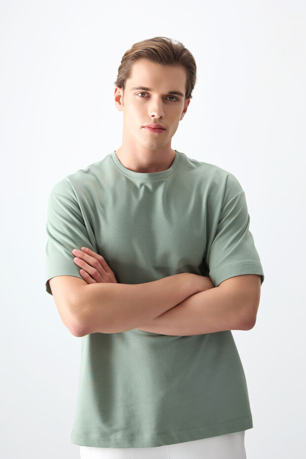 Açık Yeşil Pamuklu Kalın Yumuşak Dokulu Oversize Fit Basic Erkek T-Shirt - 88377 - 4