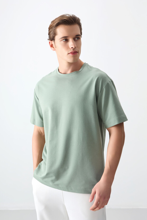 Açık Yeşil Pamuklu Kalın Yumuşak Dokulu Oversize Fit Basic Erkek T-Shirt - 88377 - 1