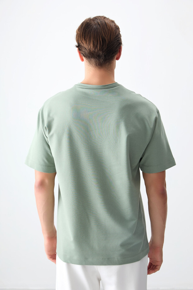 Açık Yeşil Pamuklu Kalın Yumuşak Dokulu Oversize Fit Basic Erkek T-Shirt - 88377 - 7
