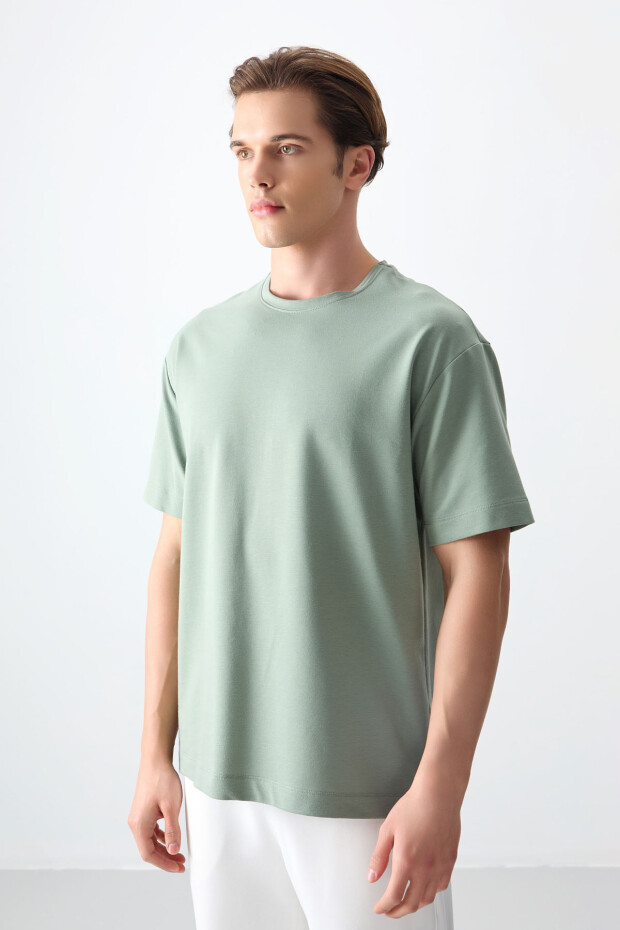 Açık Yeşil Pamuklu Kalın Yumuşak Dokulu Oversize Fit Basic Erkek T-Shirt - 88377 - 5