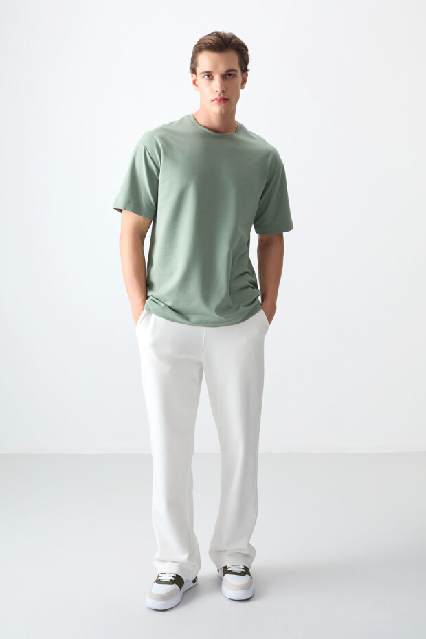Açık Yeşil Pamuklu Kalın Yumuşak Dokulu Oversize Fit Basic Erkek T-Shirt - 88377 - 6