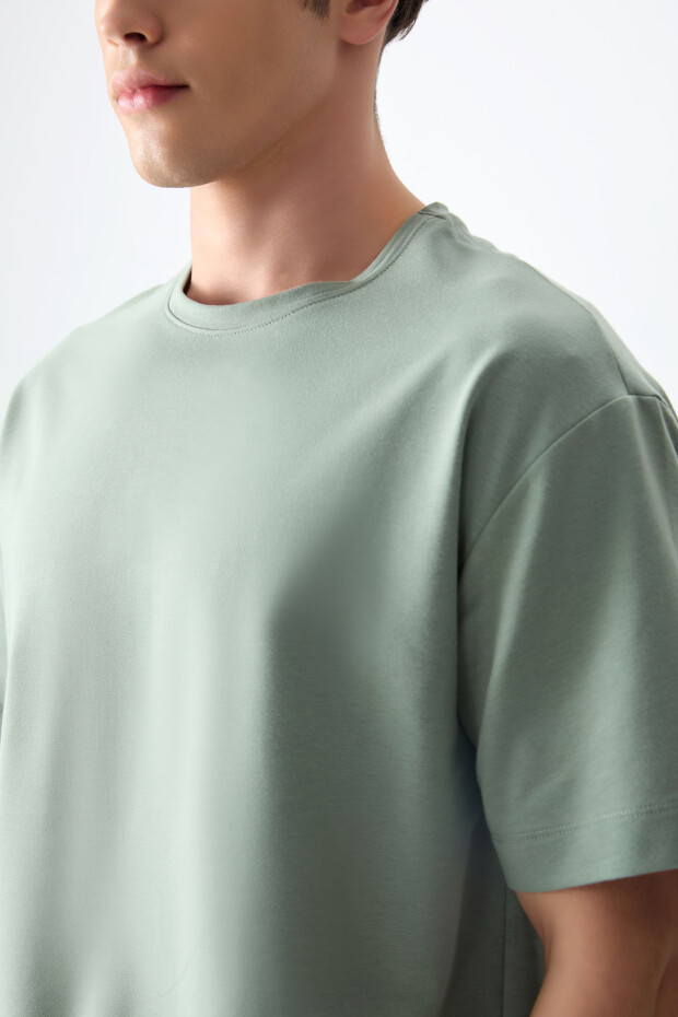 Açık Yeşil Pamuklu Kalın Yumuşak Dokulu Oversize Fit Basic Erkek T-Shirt - 88377 - 3